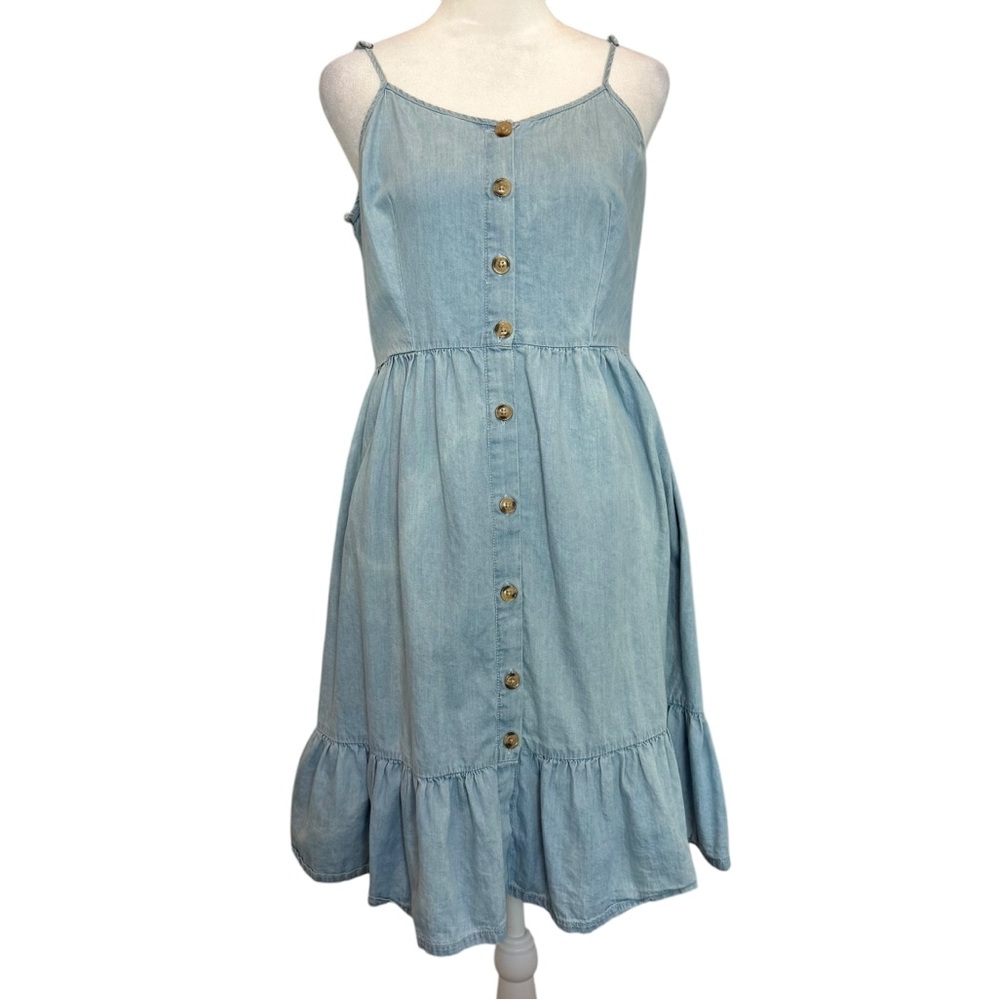 Japna Dress Size M Blue Sleeveless Chambray Ruffle Babydoll Button Front Smocked